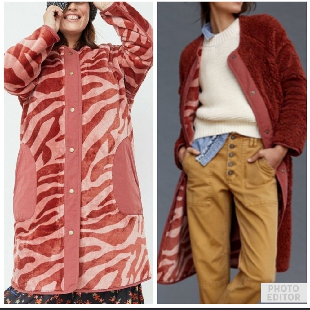 SOLD Anthropologie Margot Reversible Sherpa Coat Jacket Terra Cotta Burgundy
